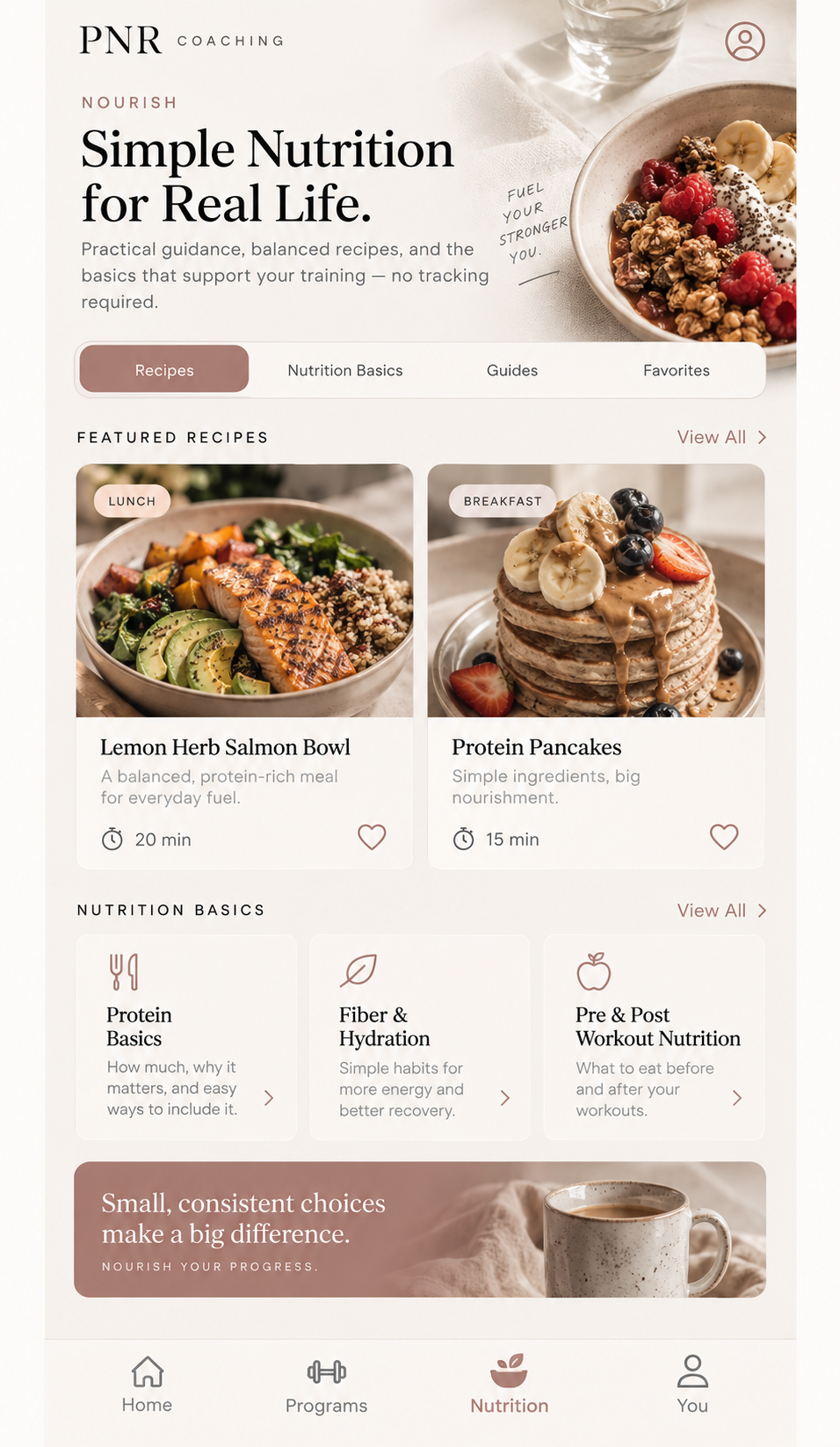 PNR Coaching App — nutrition guidance screen