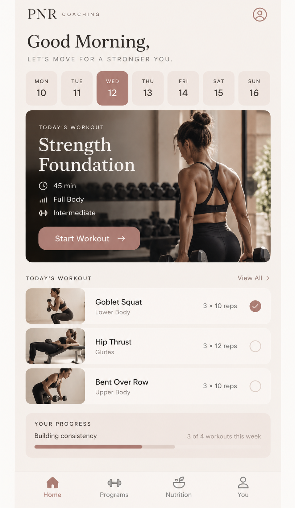 PNR Coaching App — today's training screen